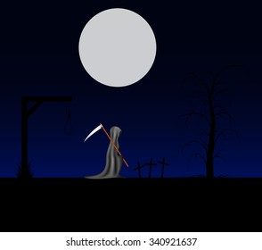 Spooky background with grim reaper with scythe in a cemetery 