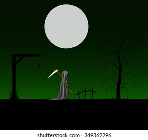Spooky background with grim reaper with scythe in a cemetery 
