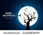 Spooky background for halloween with scary tree, flying bats and full moon. Vector illustration