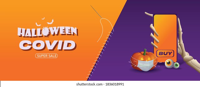 Spooky banner for Halloween 2020. A skeleton hand holds a phone to buy or order. Jack lantern pumpkin, cobweb, spider and eyes on a purple background. Online shopping or home delivery concept. Vector