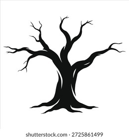 Spooky Bare Dead Tree Silhouette for Halloween and Winter Themes, Black Leafless Gnarled Branches Illustration Isolated on White Background for Gothic, Horror, and Eerie Nature Graphic Design Projects