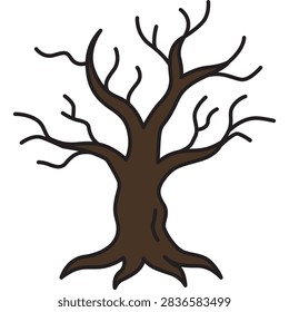 Spooky Bare Tree Vector Illustration with Gnarly Branches and Roots on Black Background