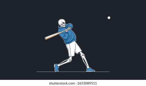 Um jogador de beisebol assustador atinge a bola com um morcego de madeira em um fundo azul escuro durante um jogo