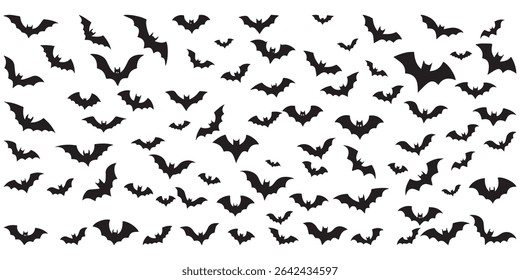 Spooky Bat Character Collection – Cute and Evil Vampire Bats in Cartoon Style with Wings, Fangs, Silhouettes, Icons, and Halloween Elements for Holiday Design and Vector Illustration Sets