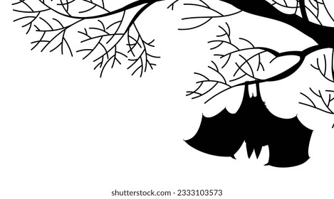 Spooky bat hanging upside down on tree branch, black silhouette, flat vector illustration isolated on white background. Halloween holiday decoration. Wild animal drawing.