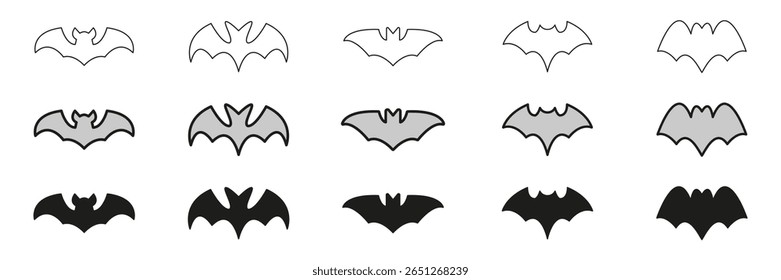 Spooky Bat Silhouettes In Line, Outline, And Glyph Icon Set. Flying Horror, Nocturnal Creature And Halloween Symbol Collection. Isolated Vector Illustration.