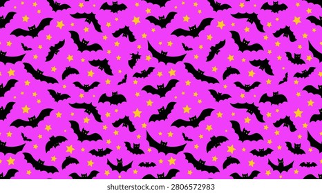 Spooky bat and star pattern on pink background with halloween seamless silhouette background creature celebration wallpaper illustration wrapping decoration wildlife seasonal celestial