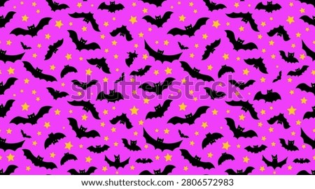Spooky bat and star pattern on pink background with halloween seamless silhouette background creature celebration wallpaper illustration wrapping decoration wildlife seasonal celestial