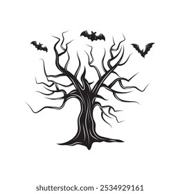 Spooky Bat And Tree Vector - 08