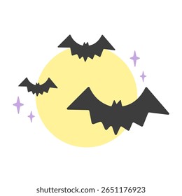 Spooky bats flying in front of a full moon with starry accents. Perfect for Halloween nights and eerie designs