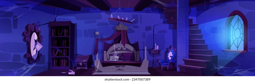 Spooky bedroom in night medieval castle. Vector cartoon illustration of abandoned dark room with old broken furniture, dusty cobweb on stone walls, staircase, moonlight in window, haunted palace