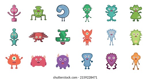 Spooky, bizarre, colorful, weird, editable, abstract, fun, several, childish, cheerful, fearful, excited monsters, devils, angels, viruses drawing vector art graphic design for games and  web designs.