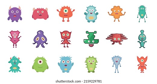Spooky, bizarre, colorful, weird, editable, abstract, fun, several, childish, cheerful, fearful, excited monsters, devils, angels, viruses drawing vector art graphic design for games and  web designs.