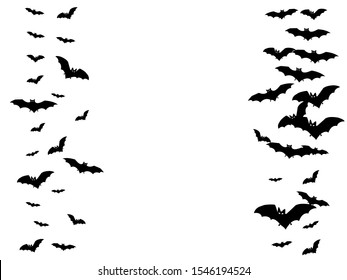 Spooky black bats flock isolated on white vector Halloween background. Flittermouse night creatures illustration. Silhouettes of flying bats vampire Halloween symbols on white.