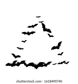 Spooky black bats flock isolated on white vector Halloween background. Flittermouse night creatures illustration. Silhouettes of flying bats vampire Halloween symbols on white.