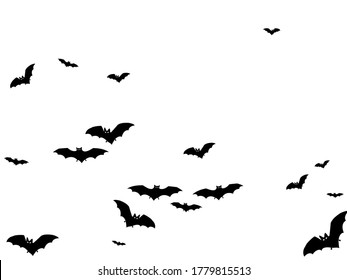 Spooky black bats group isolated on white vector Halloween background. Rearmouse night creatures illustration. Silhouettes of flying bats traditional Halloween symbols on white.