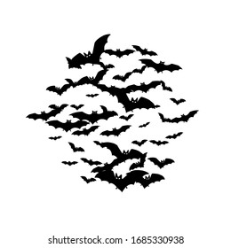 Spooky black bats swarm isolated on white vector Halloween background. Flittermouse night creatures illustration. Silhouettes of flying bats traditional Halloween symbols on white.