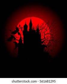 spooky black castle on the background of the bloody moon