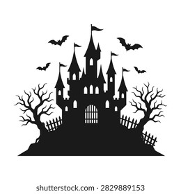 Spooky black castle with turrets, bats, and bare trees on a hill