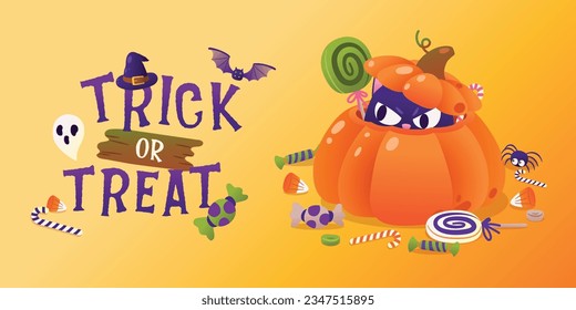 Spooky Black Cat Peeking Out of a Jack-O'-Lantern Filled with Candy, Trick Or Treat, Vector, Illustration