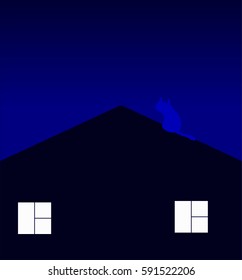 Spooky black cat silhouette on a tower roof.