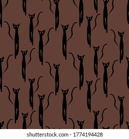 Spooky black cats seamless vector pattern. Halloween surface print design for fabrics, textiles, home decor, wrapping paper, stationery, and packaging.