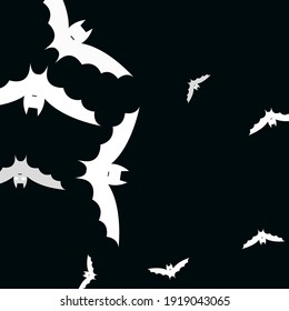 Spooky Black Chaos Night Halloween Modern Design. Print Scary Funny Bats Vector Design Pic. Motion Attack Creepy Retro Art Flying Bats Fabrics. Gothic Light White Sky Modern Style Simple Art.
