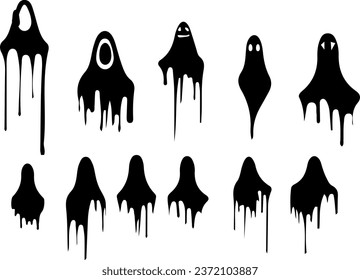Spooky black ghost silhouettes, vectors, creepy halloween symbols