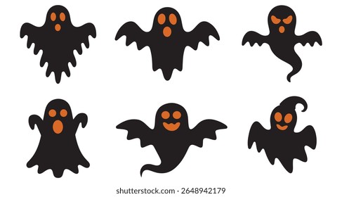 Fantasma preto assustador com olhos brancos flutua no escuro, silhueta fantasma preto simples flutuando com boca estendida aberta em um grito, perfeito para projetos de halloween. Capturar medo e horror com isso
