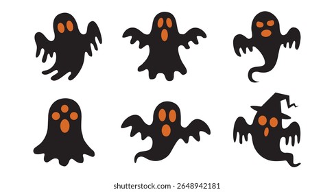 Fantasma preto assustador com olhos brancos flutua no escuro, silhueta fantasma preto simples flutuando com boca estendida aberta em um grito, perfeito para projetos de halloween. Capturar medo e horror com isso