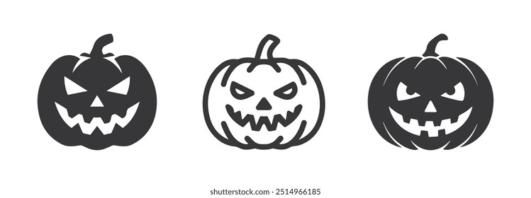 Ícones de vetor de jack-o'-lanterna preto assustador perfeito para projetos de Halloween. Ideal para uso digital e de impressão.