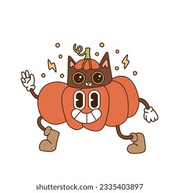 Spooky black line character of Cat in pumpkin. Walking Retro cartoon Halloween mascot. Contour hand drawn vector illustration.