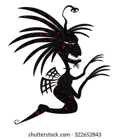 Spooky black monster with a tail and ethnic ornament on his body