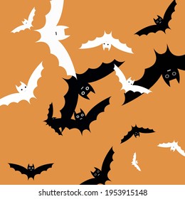 Spooky Black Orange Funny Halloween Art Illustration. White Scary Light Chaos Flying Bats Art Pattern. Faces Creepy Print Bats Vector Background. Attack Grey Motion Retro Modern Style Background.