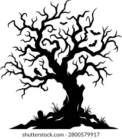 A spooky black silhouette of a bare tree with twisted branches, bats flying around, and a bird perched on a branch, set against a clean white background.