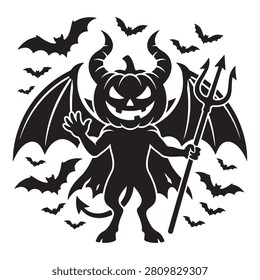 A spooky black silhouette illustration of a devil pumpkin creature with bat wings and a pitchfork, surrounded by flying bats for Halloween design.