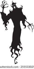 Spooky black silhouette of a screaming halloween ghost with fiery contours, floating in the air with arms raised and tattered robe, creating a creepy and eerie atmosphere