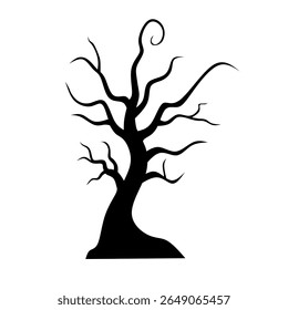 Silhueta preta assustadora de uma árvore torcida e sem folhas em um fundo branco. Ótimo para temas de Halloween, elementos de horror, paisagens assombradas ou desenhos de florestas misteriosas