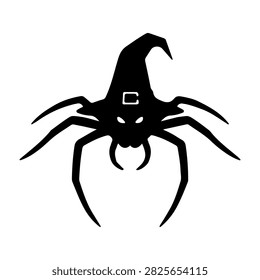 A spooky black spider adorned with a classic witch hat, perfect for Halloween themes and festive decorations.
