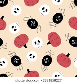 Spooky black spider, scull and pumpkin hand drawn vector illustration. Scary seamless pattern for kids halloween decoration, fabric or wallpaper.