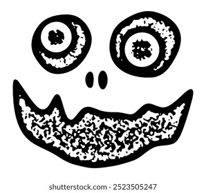 Um rosto abstrato preto e branco assustador com olhos largos e distorcidos e uma boca irregular e estranha. Perfeito para desenhos e decorações com tema de Halloween.