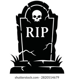 Spooky black and white cracked RIP tombstone vector graphic with skull design ideal for Halloween graveyard scenes horror concepts and dark cemetery artwork projects