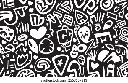 Spooky Black and White ghost doodle art Pattern vector for digital print media and backgrounds 