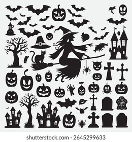 Spooky black and white Halloween icons including graveyard bats witch spider and haunted castle