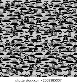 Spooky Black and White Halloween Seamless pattern  vector illustration Coffins, Bats, and Gravestones on Gray Background for Festive Seasonal Designs great for Halloween decor, textile, scrapbook