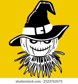 A spooky black-and-white scarecrow with a stitched grin, wearing a witch hat and set against a bold yellow background. Perfect for Halloween-themed designs, posters, and digital artwork.