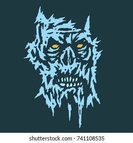 Spooky blue face demon. Vector illustration. Genre of horror. Apocalyptic character web icon.