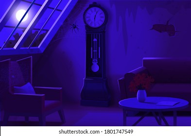 Spooky blue or purple interior attic room with grandfather clock, spider, chair, and sofa. Moonlight shines through a window. Halloween or vintage moody upstairs room.