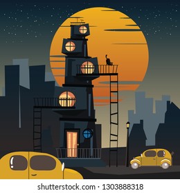 spooky building at night vector illustration