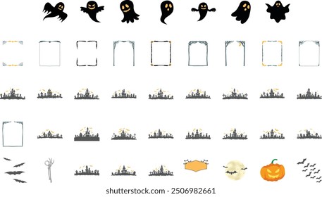 A spooky bundle of eight Halloween-themed illustrations perfect for decorating your Halloween projects. This set includes ghosts, haunted houses, pumpkins, and more